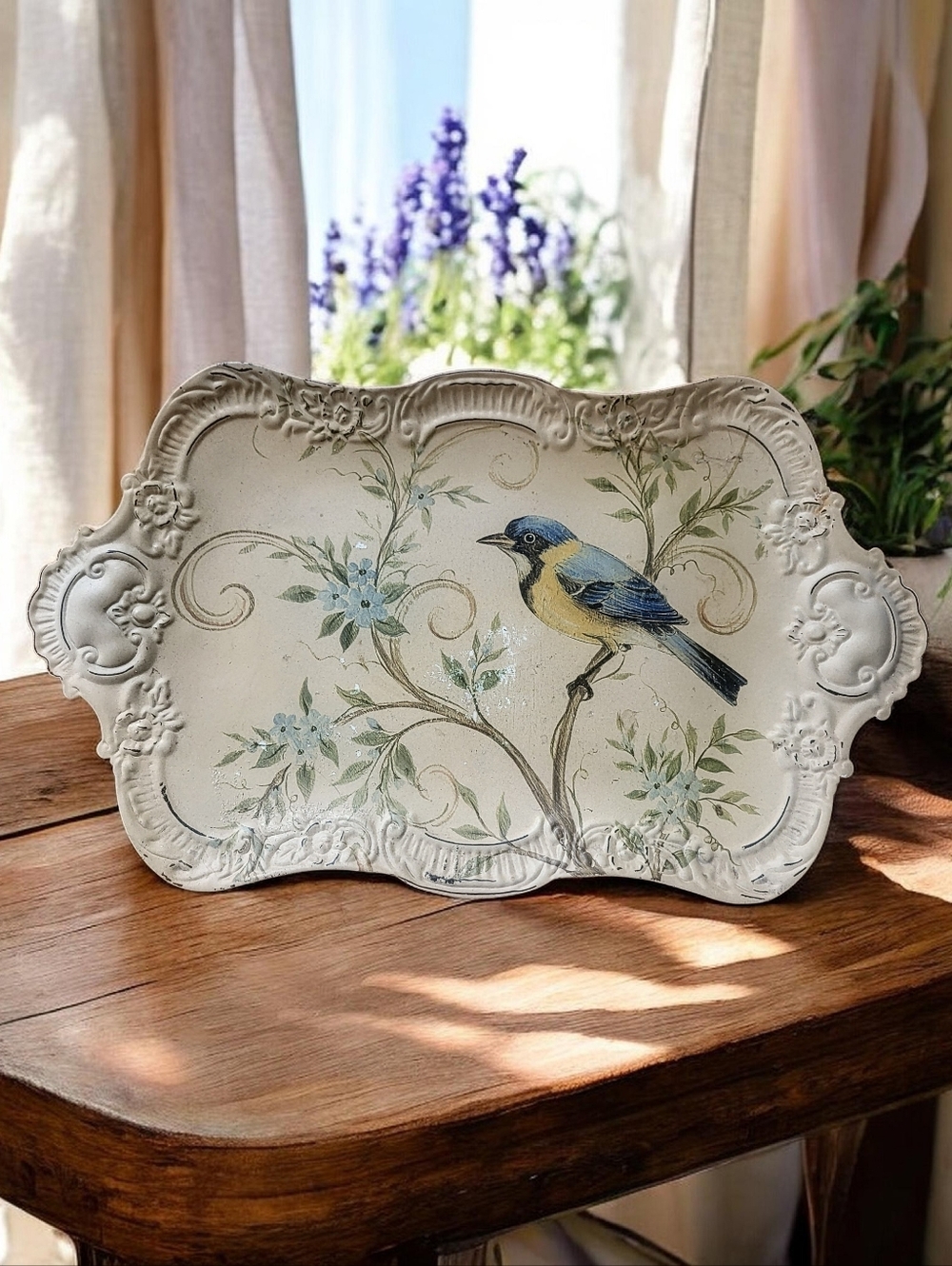 Pier 1 Victorian Shabby Chic Ornate Metal Footed Patina Serving Tray Bluebird